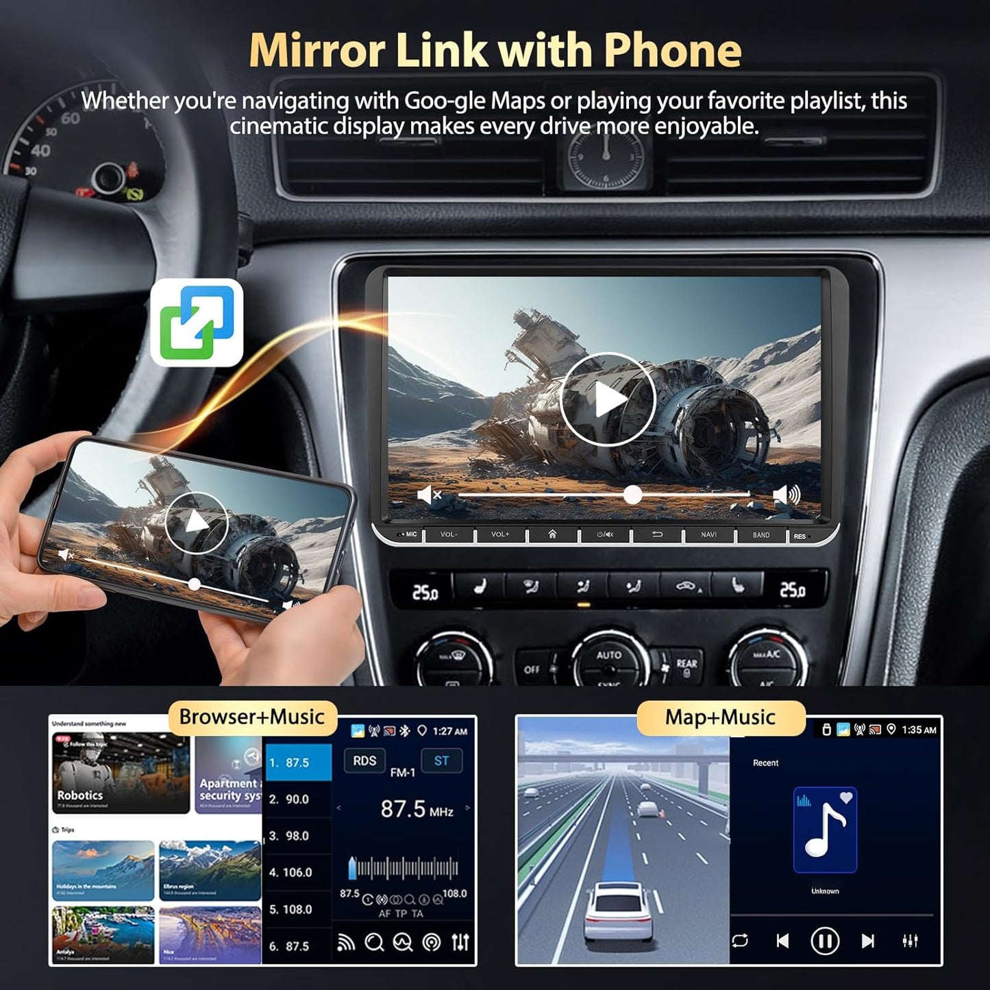 Autoradio – Android Autoradio – 2-DIN Radio – Multimedia Stereo – Touchscreen Radio – 9" HD Scherm – Draadloze CarPlay & Android Auto – Android 15.0 met 4G + 64GB geheugen