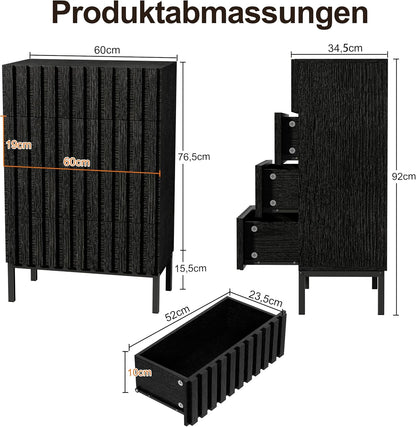 Ladekast – Smalle Ladekast – Opbergkast – Dressoir – Kast Met Lades – 4 Ruime Lades – MDF Metalen Poten – 60x34,5x92 cm – Zwart – Kras- En Vochtbestendig