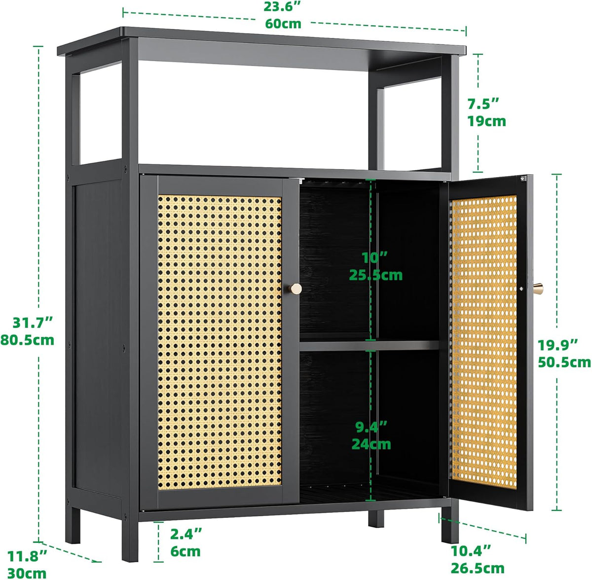 Bamboe Vloerkast – Opbergkast – Badkamerkast – Bijzettafel – Kast Met Rotan Deuren – Compact Formaat – Duurzaam Bamboe Materiaal - QUORE