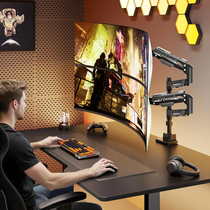 ARES WING Monitorhouder voor 2 monitoren met stang, boven elkaar voor 24-57 inch platte en gebogen schermen, tot 27/22 kg, beeldschermhouder 2 monitoren in hoogte verstelbaar, VESA 75/100/200, zwart
