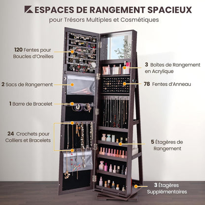 Sieradenkast – Juwelenkast – Spiegelkast – Sieradenopberger – Passpiegel – 360° Draaibaar – MDF Hout Bruin – Slot Met Opbergruimte