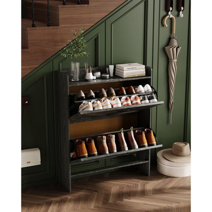 Schoenenkast – Schoenrek – Schoenopberger – Schoenmeubel – Schoenendoos – Smal Ruimtebesparend Design – 2 Kantel-Lades – Zwart Houtlook – Vrijstaand – Eenvoudige Montage