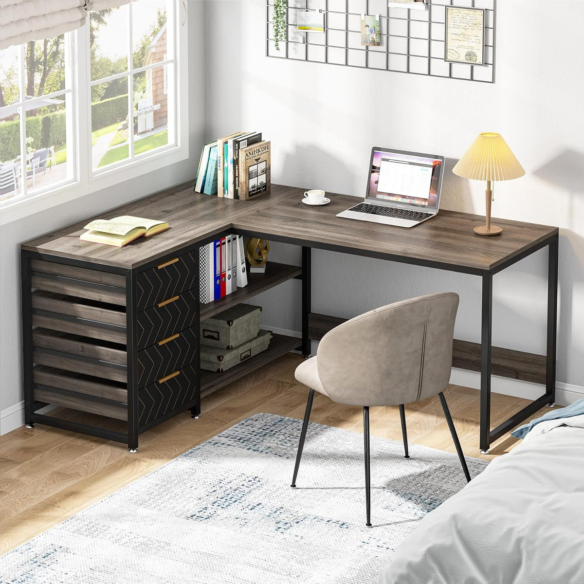 Tribesigns L-Shape Corner Desk with Shelves, Reversible L-Shape, with Monitor Stand and Shelves, for Office, Home, Brown, 150 x 120 x 75 cm (Grey)