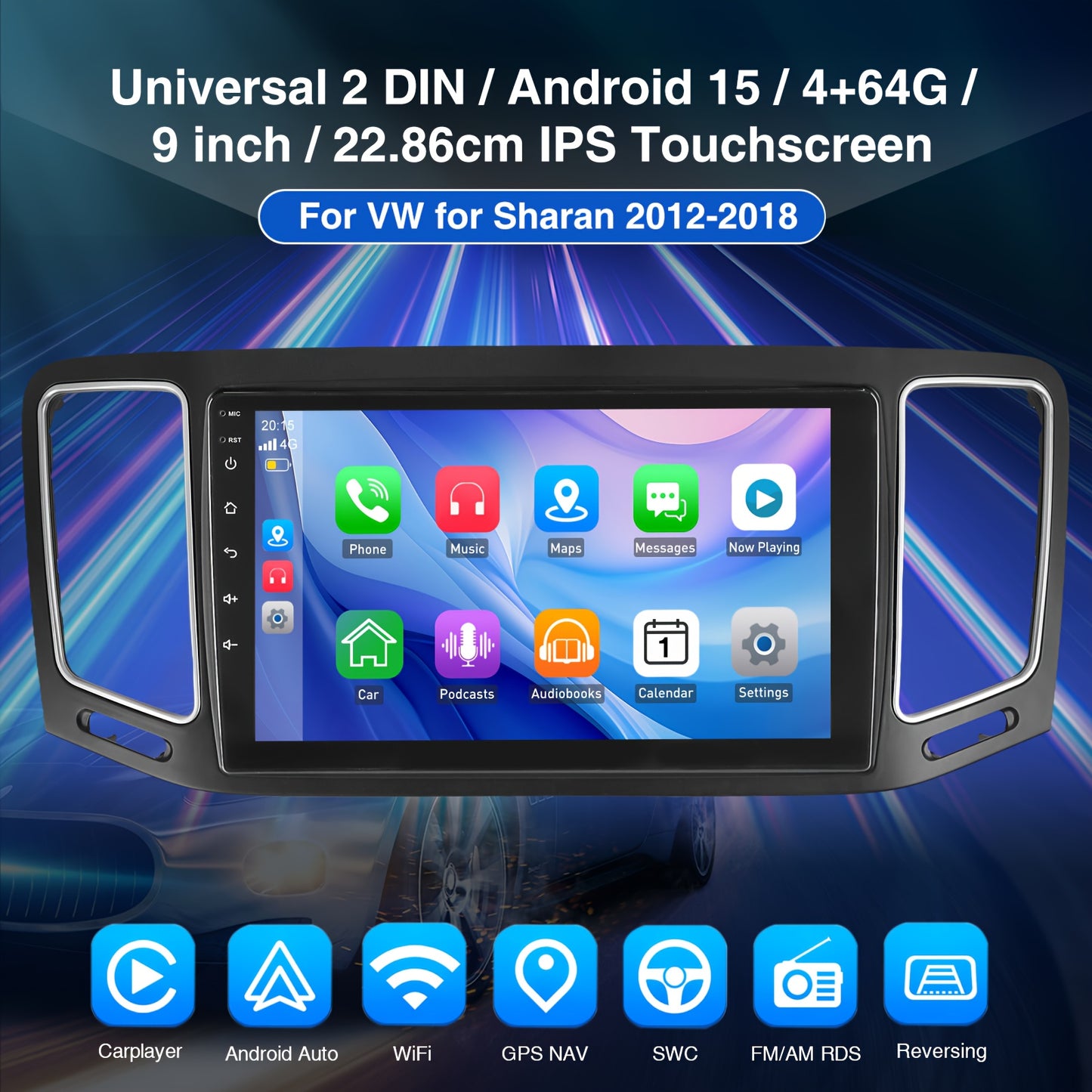 Multimedia Car Radio – 2-DIN Autostereo – Inbouw Radio – 9-Inch Touchscreen – Navigatiesysteem – 4+64GB Opslag – Android Auto & Wireless CarPlay – AHD Camera & Microfoon