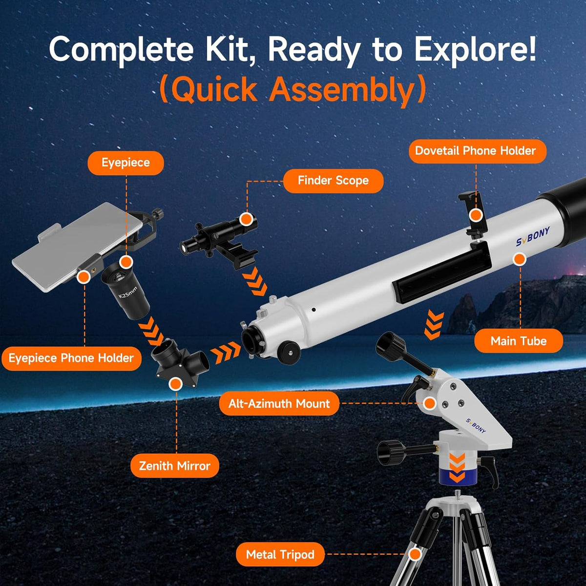 Svbony SV520 Telescoop voor Volwassenen, 90 mm Diafragma 800 mm Brandpuntsafstand, Allemaal metaal Telescoopset voor Astronomie met Altazimuth Montering, Draadloze Controller, voor Visuele Observatie