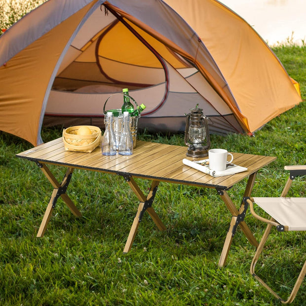 Campingtafel - Tuintafel - Vouwtafel - Oprolbare - Inklapbare - Draagbaar - Lichtgewicht - Stevig - Duurzaam - met Draagtas - 30 kg Maximumgewicht - Aluminum - 116 x 60 x 45 cm - Natuurlijk Hout