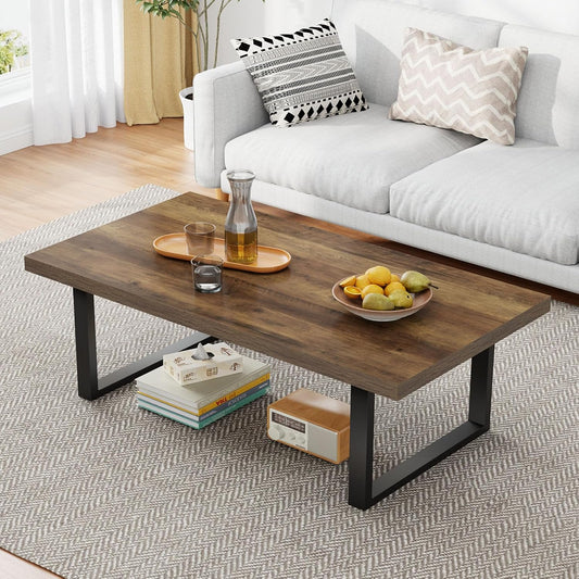 IBF Boerderij salontafel, moderne minimalistische houten salontafel voor woonkamer, eenvoudige industriële rechthoekige middentafel, hout en metalen thee-salontafel voor thuis, slaapkamer, kantoor,