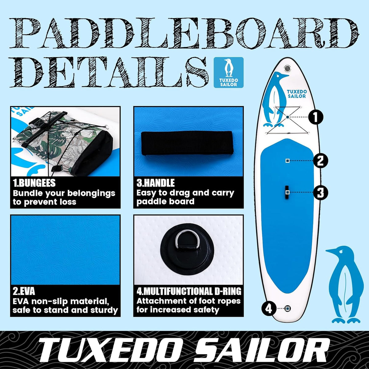 Tuxedo Sailor Opblaasbaar Stand-up Paddleboard 320 x 83 x 15 cm Opblaasbaar SUP Voor Alle Niveaus van Vaardigheden