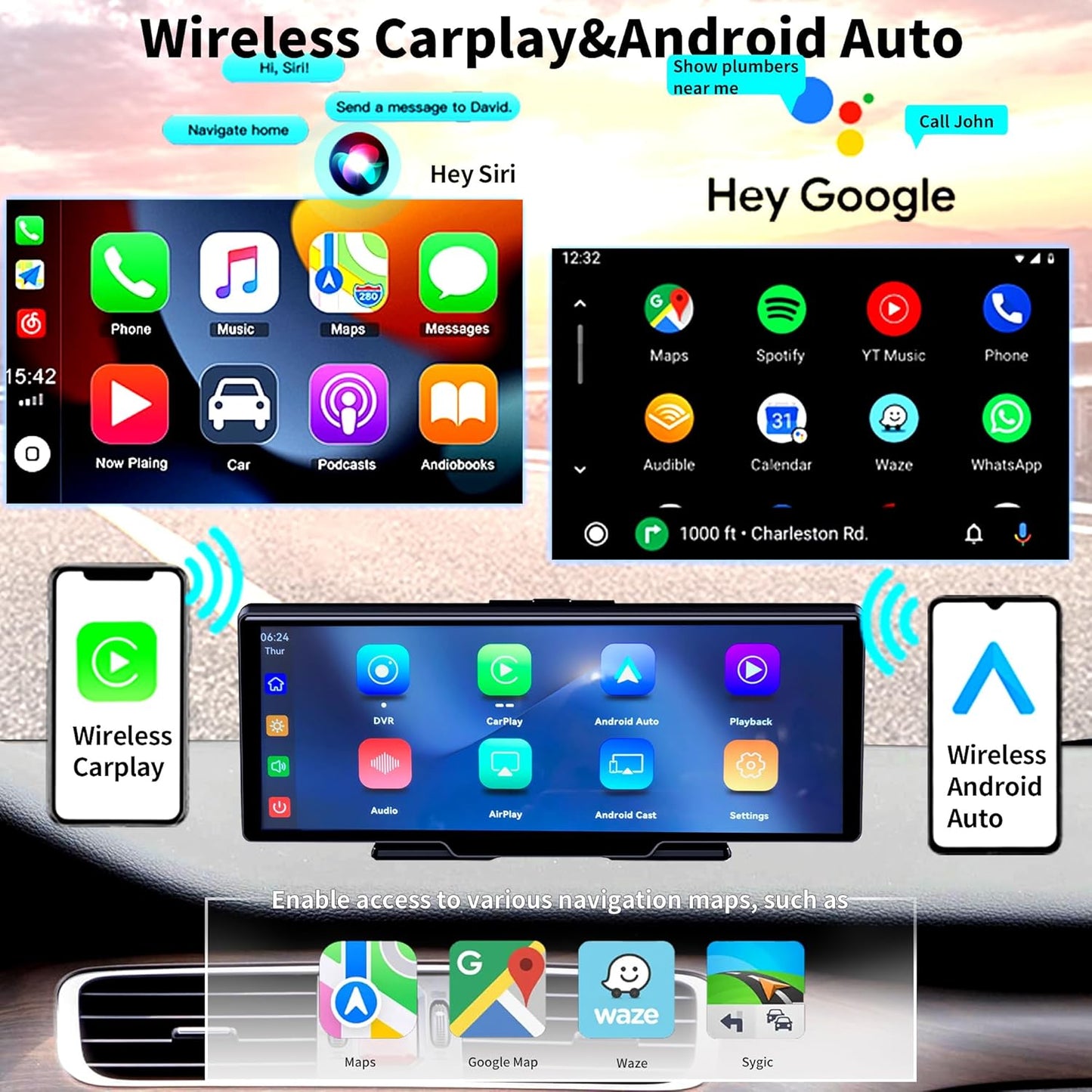 SCUMAXCON Draagbare Auto Stereo Draadloze CarPlay Android Auto 4 K Dash Cam met Backup Cam Airplay 10.3 inch IPS Touchscreen Loop Opname GPS Navigatie Bluetooth FM AUX Ingebouwde Speaker Android Cast