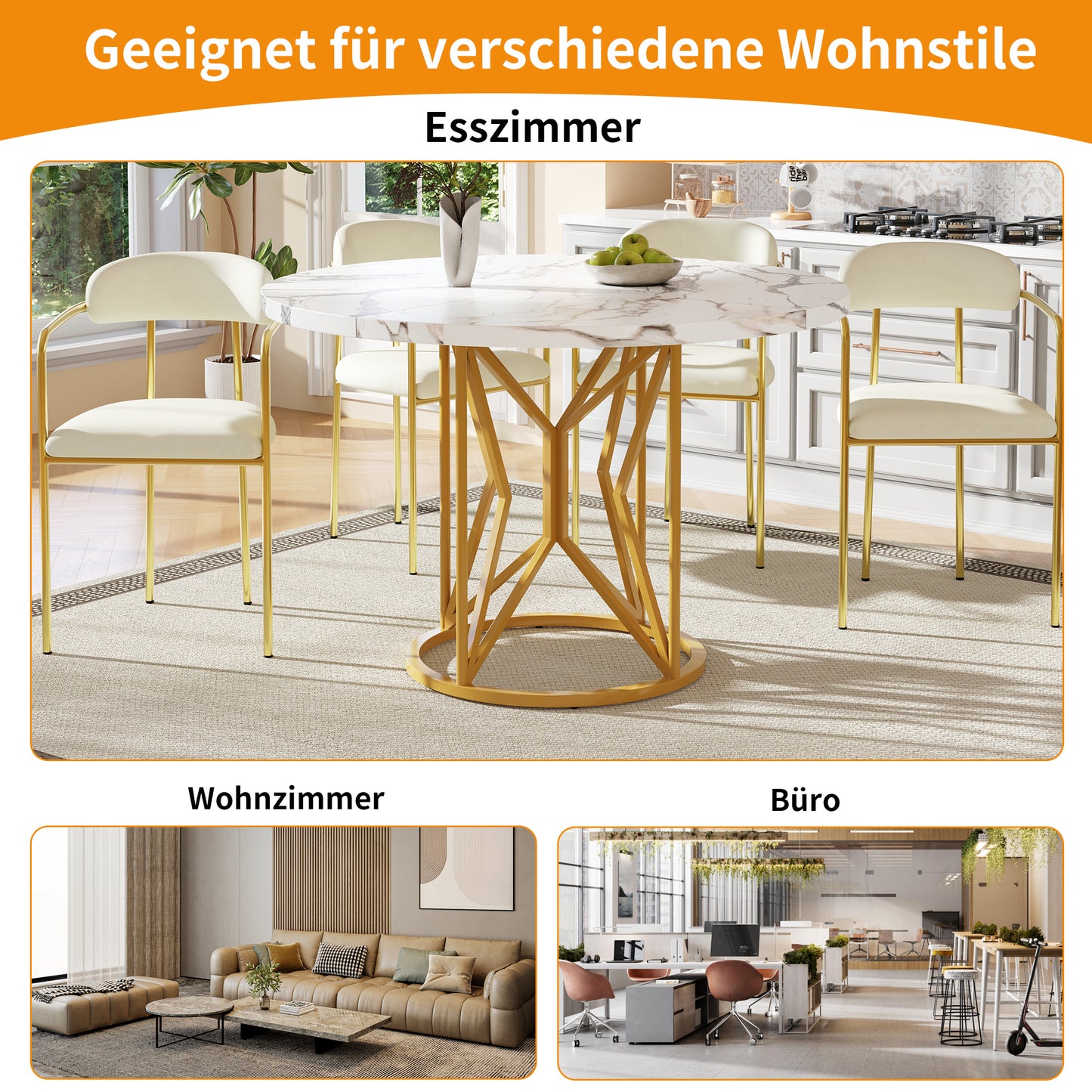 BTM Round Dining Table (100×100×76 cm), Modern Marble-Look MDF Table with Geometric Metal Legs, Kitchen Table for 4–6 People, Round Living Room Table, Sturdy Dining Table, White/Black