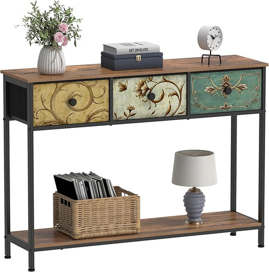 VEDECASA Console Table, Side Table with 3 Fabric Drawers, Hallway Table with Open Storage Compartments, Entrance Table, Sofa Table for Hallway, Living Room, Bedroom, Wood, Metal Frame, Easy Assembly, - QUORE