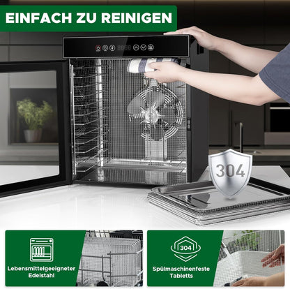Kwasyo LT-09 Voedseldroger van roestvrij staal, 12 etages, volledig zwart, temperatuurregeling van 30-90 °C, timer 24 uur, receptenboekje voor vlees, groenten, groenten, kruiden, 900 W