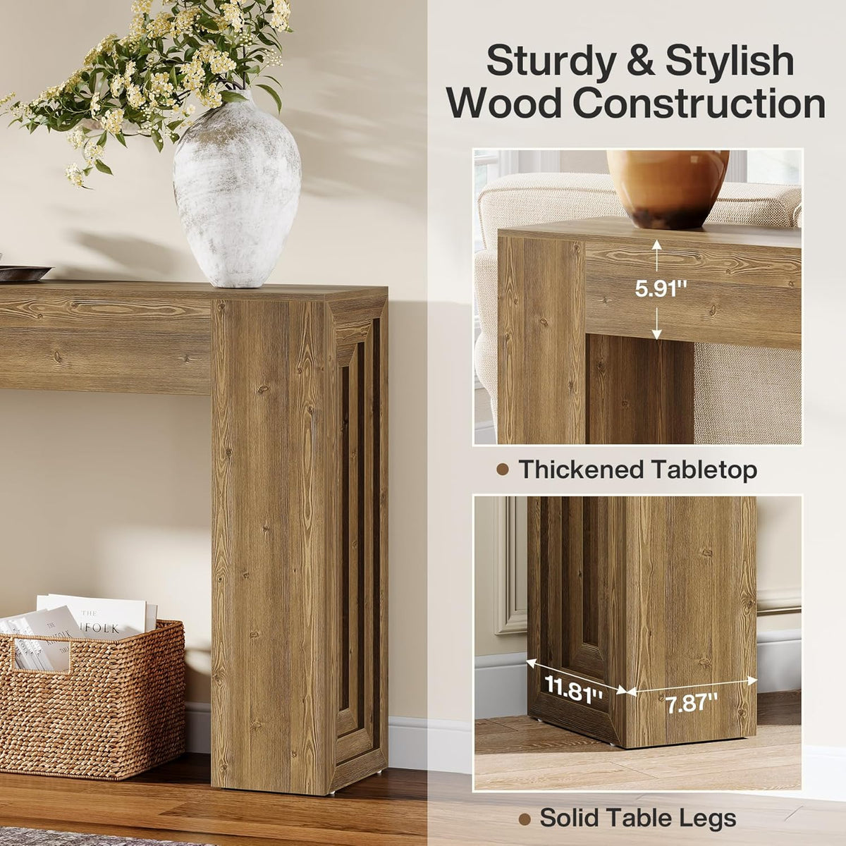Tribesigns 160 cm Long Console Table, Farmhouse, Narrow Sofa Table Behind the Sofa, for Living Room, Entrance, Hallway, Foyer, Natural Brown
