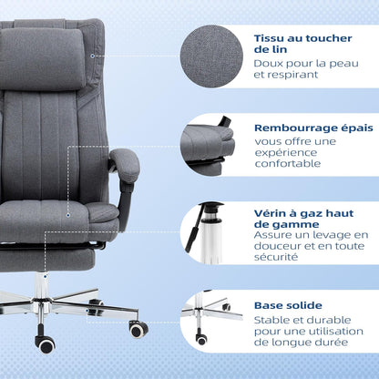 Vinsetto Bureaustoel, ergonomische stoel, draaibare zitting, verstelbare rugleuning, in hoogte verstelbaar, armleuningen, hoofdsteun, voetensteun 65 x 61 x 105-113 cm, grijs