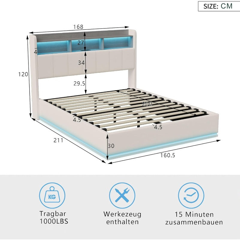 Opbergbed – Tweepersoonsbed – Bed Met Opbergruimte – Storage Bed – Bed Met Hoofdbord 160 x 200 cm – Hydraulisch Tilmechanisme – Ingebouwde USB Oplaadstation