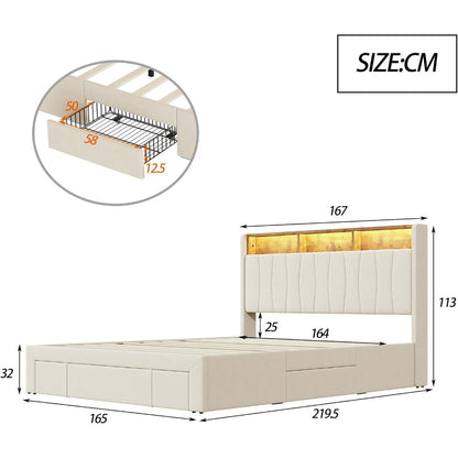 Fluwelen Bed 160x200 – Tweepersoonsbed – Slaapbank – Opbergbed – Led Bed – Met 4 Metalen Lades – Ingebouwde Usb Poorten – Verstelbaar Hoofdeinde