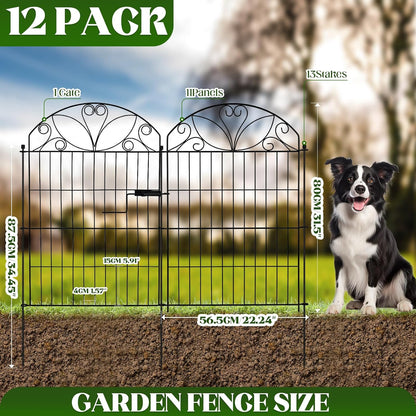 Metalen tuinomheiningspanelen set van 12 met poort, maximale lengte 678 cm, decoratieve roestbestendige tuinomheining, 80 x 56,5 cm panelen met 13 grondpalen voor gazon, bloembedden en huisdieren