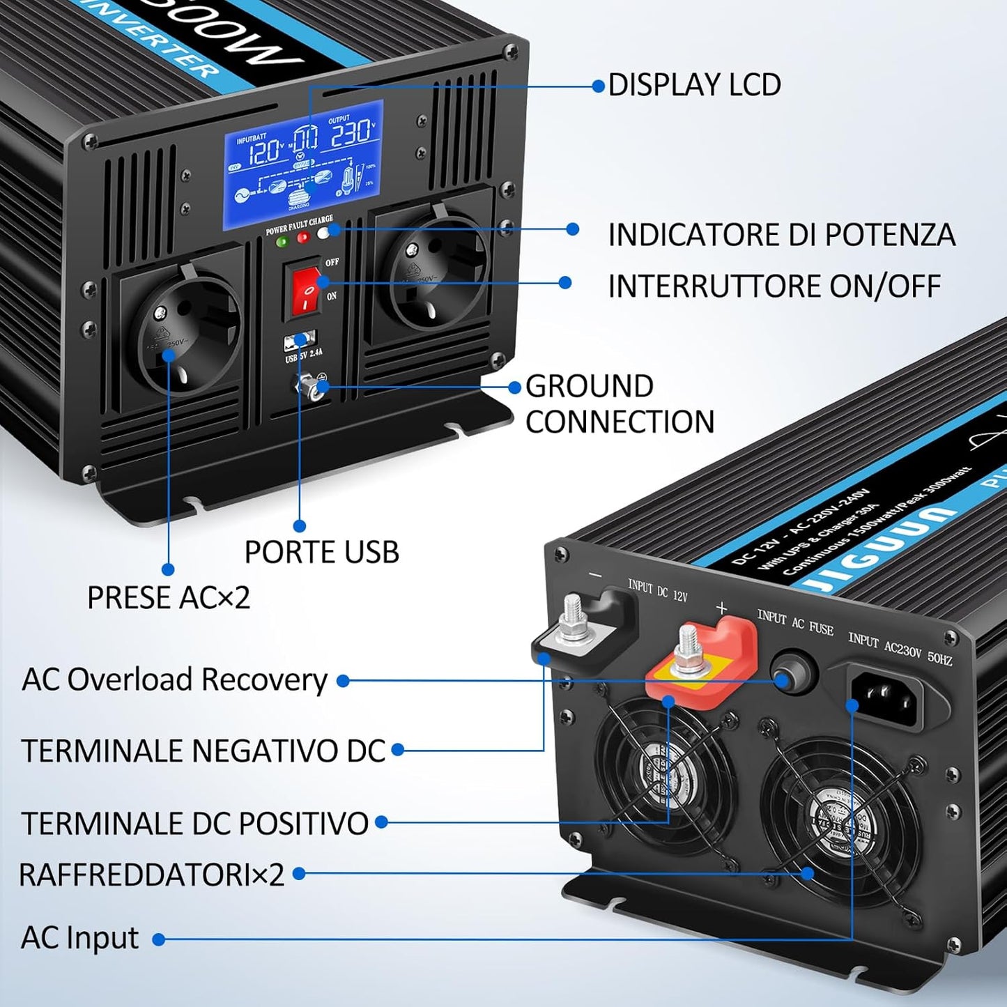 JIGUUN 1500W omvormer 12v naar 230v zuivere sinus met 30A lader en net prioriteit circuit en UPS, 2 EU-stopcontacten, draadloze afstandsbediening en LCD-display piekvermogen 3000W