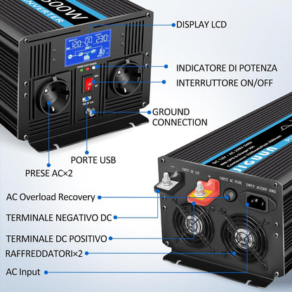 JIGUUN 1500W omvormer 12v naar 230v zuivere sinus met 30A lader en net prioriteit circuit en UPS, 2 EU-stopcontacten, draadloze afstandsbediening en LCD-display piekvermogen 3000W
