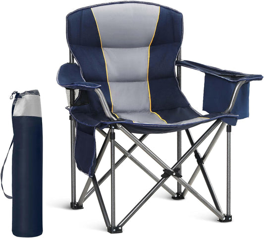 HIGH POINT SPORTS Oversized draagbare campingklapstoel, opvouwbare buitenstoelondersteuning 400 pond, arm gazonstoel met bekerhouder en koeltas voor volwassene, blauw