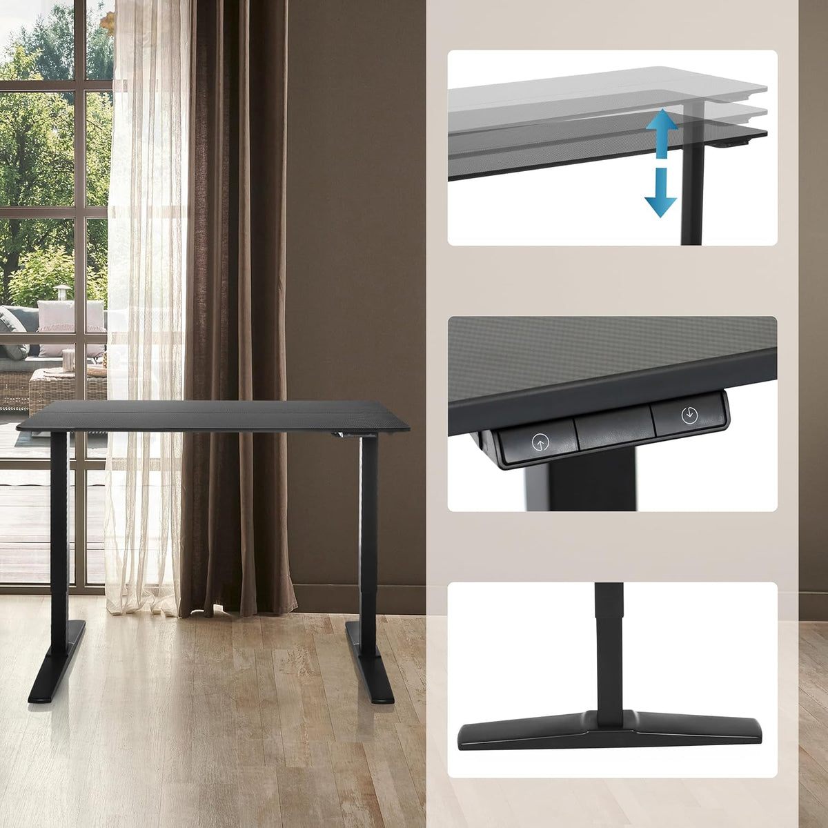 hjh OFFICE Bureau, in hoogte verstelbaar, elektrisch, 120 x 60 cm, standaard, carbon, stabiel zit-sta bureau in carbon-look, ergonomisch, zwart
