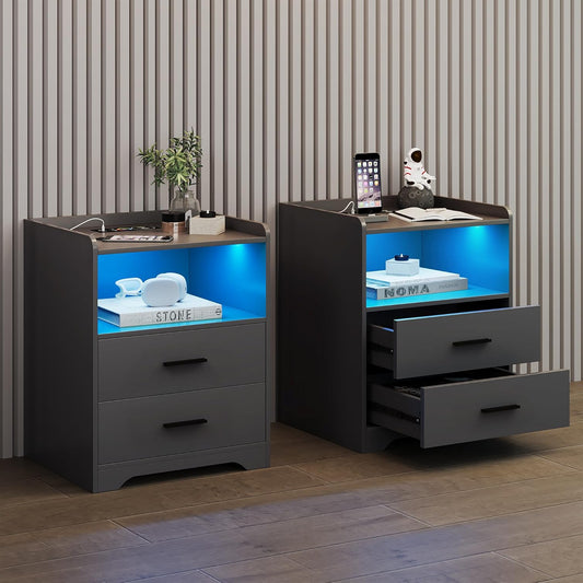 Nachtkastjes – Bedkastjes – Bijzettafel – Nachtmeubel – Dekenkastje – Set van 2 Grijs – RGB-LED Verlichting – Draadloze Oplaadfunctie met USB & Type-C - QUORE