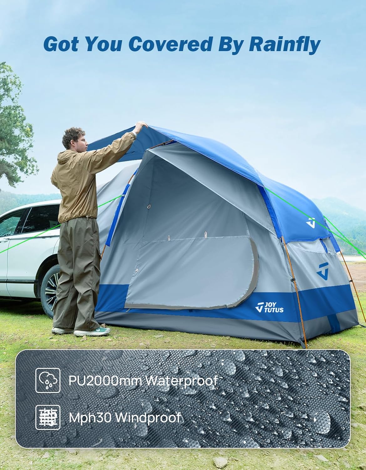 JOYTUTUS SUV-tent voor camping, 4-6 personen, 234 x 234 x 210 cm (l x h), waterdicht PU 2000 mm, dubbellaags, ontwerp met dubbele deur, outdoor, camping, reizen, blauw