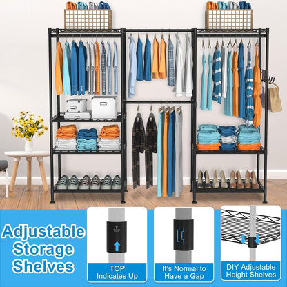 Kledingrek voor het ophangen van kleding, verstelbaar zwaar kledingrek met 4 hangstangen en 7 planken, belastbaar tot 800 lbs, 70 x 13,5 inch B x 76 inch H, zwart