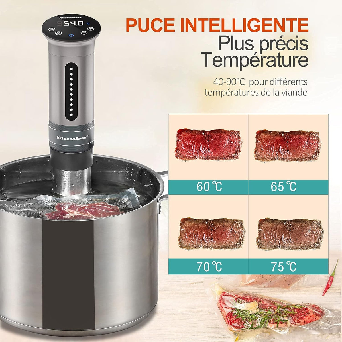 KitchenBoss Vacuümkoker, 1100 W, IPX7, waterdicht, onderdompelcomputer voor het fornuis, instelbare thermostaat voor een nauwkeurige temperatuurregeling