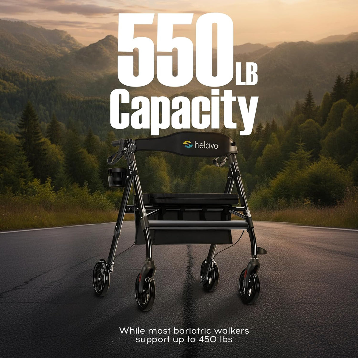 Helavo extra brede rollator met grote, in hoogte verstelbare zitting - Opvouwbare zware rollator van aluminium - Belastbaar tot 226 kg