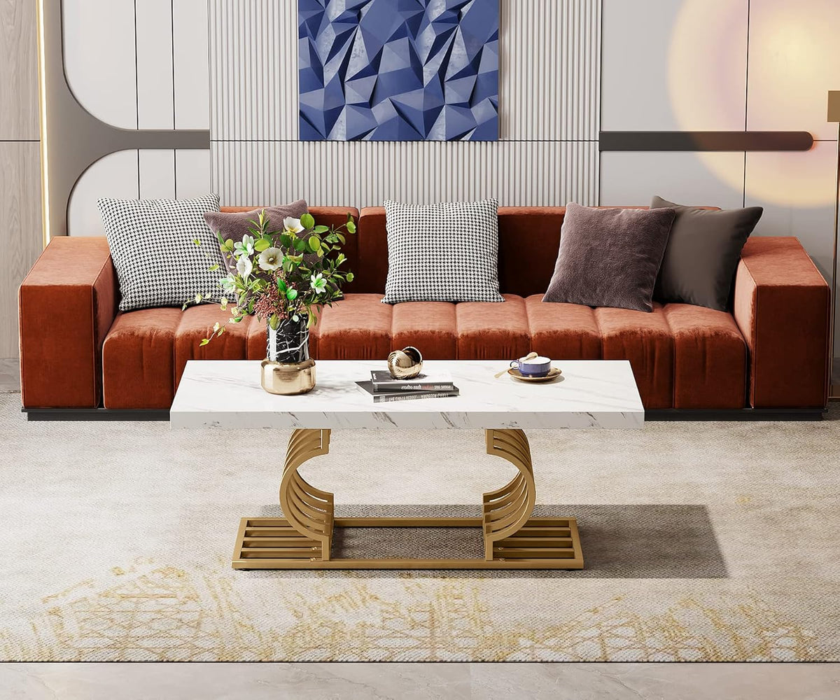 Tribesigns Modern Coffee Table, Living Room Table, Faux Marble, Cocktail Table with Geometric Frame, Rectangular Center Table, Tea Table, Accent Furniture Table, Sofa, Side Table for Home Office, White and