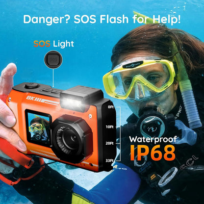 MaxMango Digitale camera, 8K en 33FT onderwatercamera met 64 GB, 2,8 inch dubbele beeldschermen, selfie, waterdicht, stofdicht, schokbestendig, compact, voor kinderen, tieners, beginners