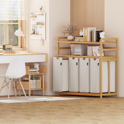 AdelDream Premium wasmand 200 liter, wassorteerder met 4 vakken en 2 planken, bamboe wasmand met uittrekbare en afneembare waszak, lichtgrijs