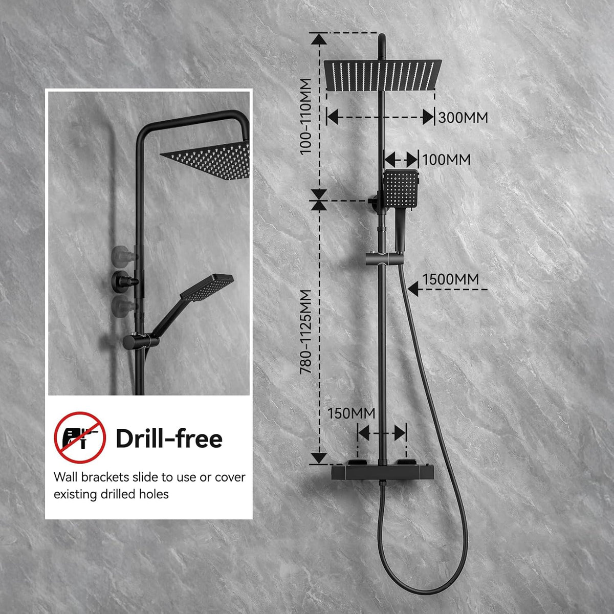 Thermostaat Doucheset – Douchegarnituur – Douchestang – Regendouche – Handdouche – 30x30 cm RVS Regendouche – 6 Straalsoorten Handdouche – Verstelbare Douchestang 88-124 cm – Matzwart Roestvrij Staal