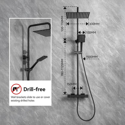 Thermostaat Doucheset – Douchegarnituur – Douchestang – Regendouche – Handdouche – 30x30 cm RVS Regendouche – 6 Straalsoorten Handdouche – Verstelbare Douchestang 88-124 cm – Matzwart Roestvrij Staal