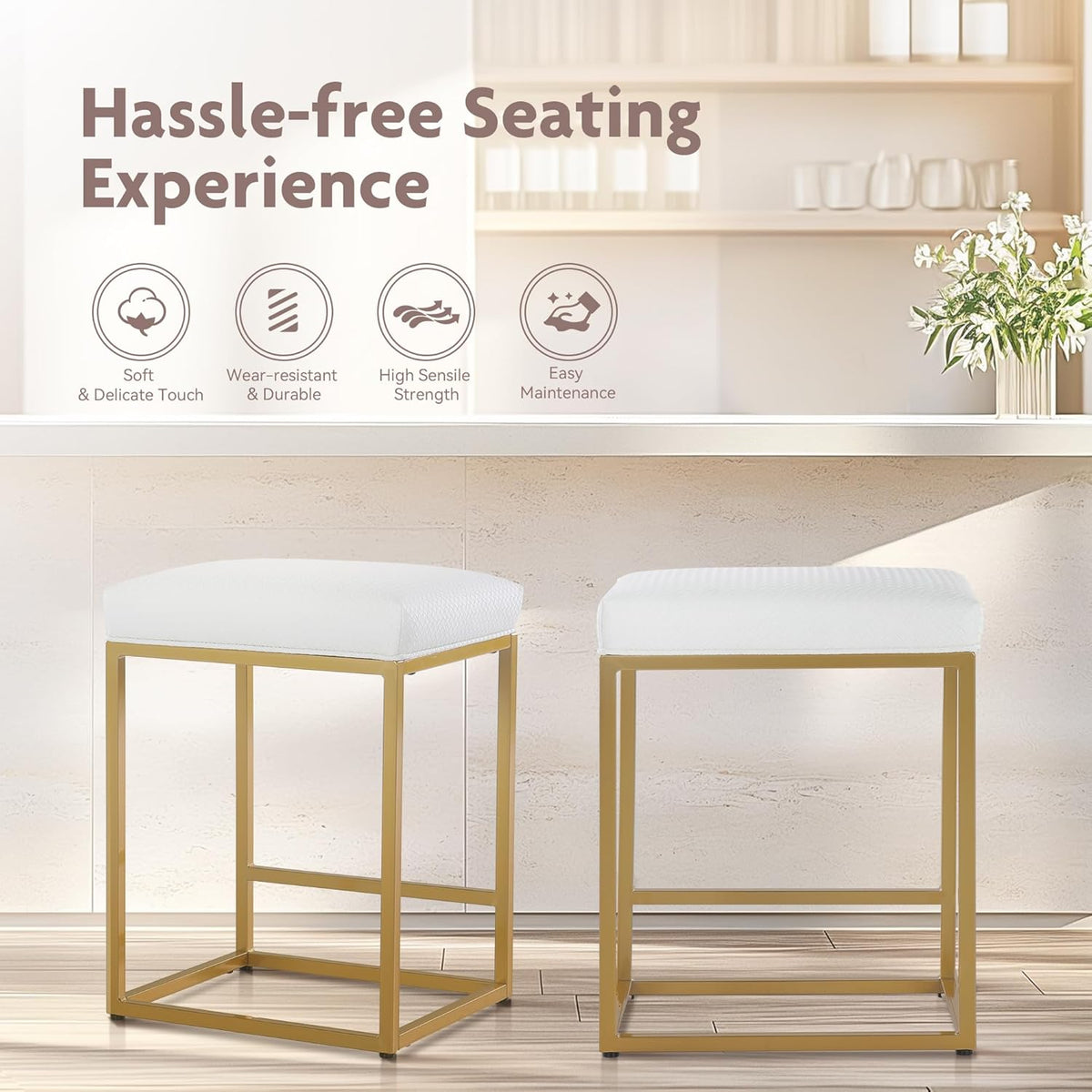 ALPHA HOME Bar Stool Set of 2 with Footrest, Black, Bar Stool without Backrest, PU Leather Bar Stool, Seat Height 61 cm, Bar Chairs, Backless Bar Stool with Thick Cushion and Robust Chrome-Plated
