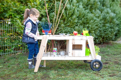 Small Foot 11665 modder van massief en weerbestendig hout voor kinderen vanaf 3 jaar, buiten keuken met accessoires en wielen speelgoed