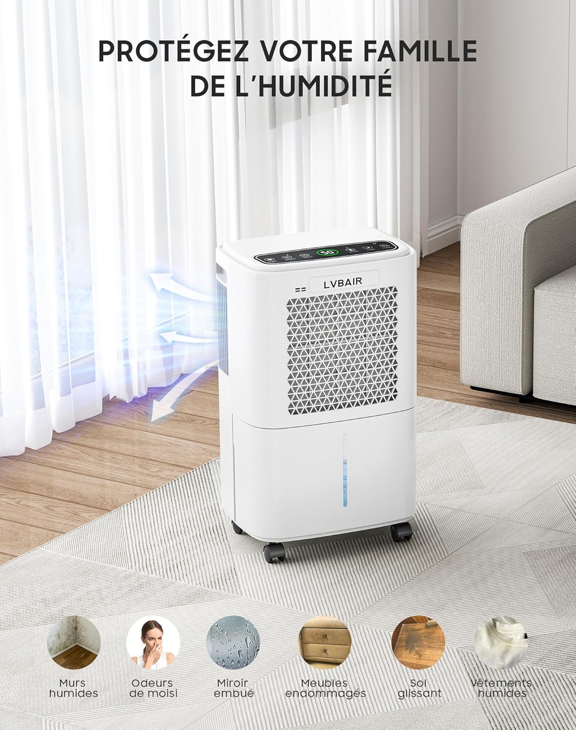 Luchtontvochtiger, 12 l/dag, krachtige elektrische luchtontvochtiger, energiebesparend, draagbaar, 3 modi en intelligente vochtcontrole, elektrische luchtontvochtiger