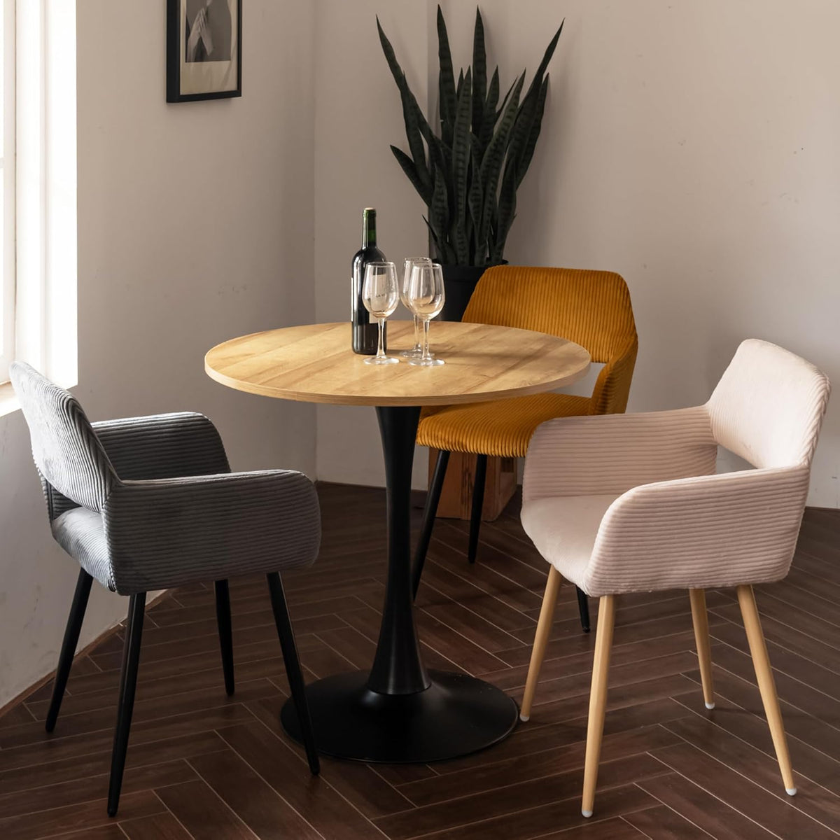MEUBLE COSY Ronde eettafel voor keuken, woonkamer, kantoor, retrostijl, voor 2-4 personen, metalen frame, eiken + zwart, 80 x 80 x 75 cm