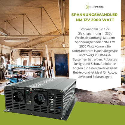 solartronics NM Spanningsomvormer, omvormer, 2000-4000 watt, 12 V naar 230 V, zwart, USB, Schuko, tuin, camping, camper (2000 watt, 12 V)