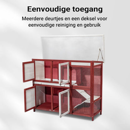 Konijnenhok met twee verdiepingen en trap - uitneembare vloer - van hout - rood-wit
