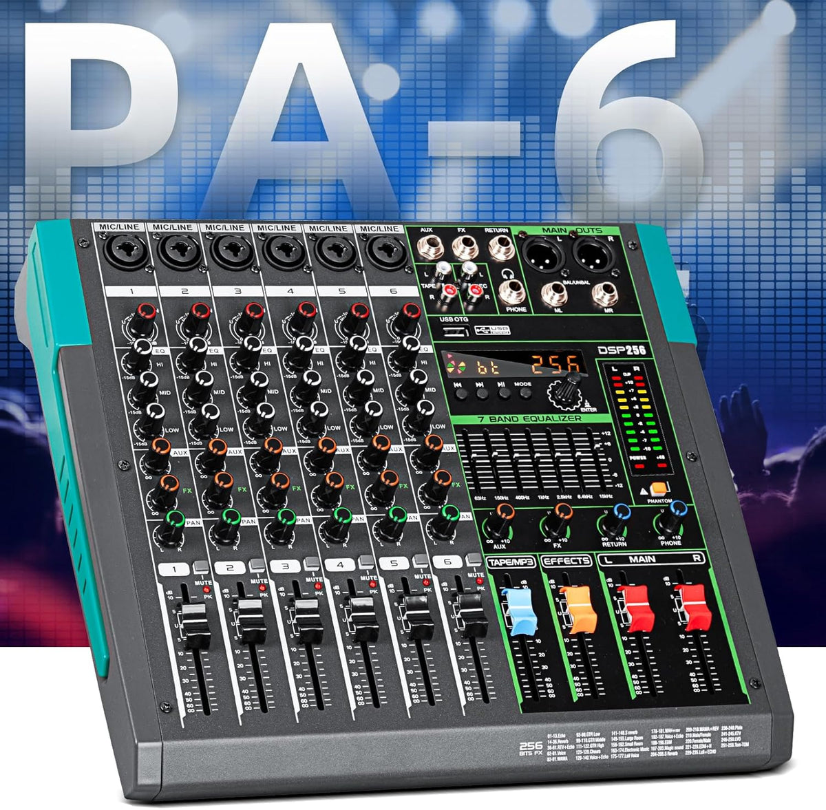 DJ Audio Mixer – Mengpaneel – Mixer – Mengtafel – Geluidsmixer – 6 Kanalen – Bluetooth en USB/MP3 – 256 DSP Effecten