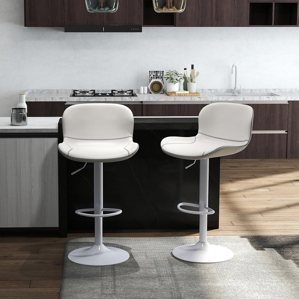 Youhauchair Barkruk, 2-delige set, in hoogte verstelbaar, van PU-leer, waterdicht en slijtvast, met rugleuning, draaibare barkruk, modern, wit