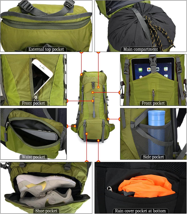 Wandelrugzak - Kampeertas - Trekking rugzak - Camping Essentials Tas - met Regenhoes - 70L - Lichtgewicht - Waterdichte - Nylon - Groente