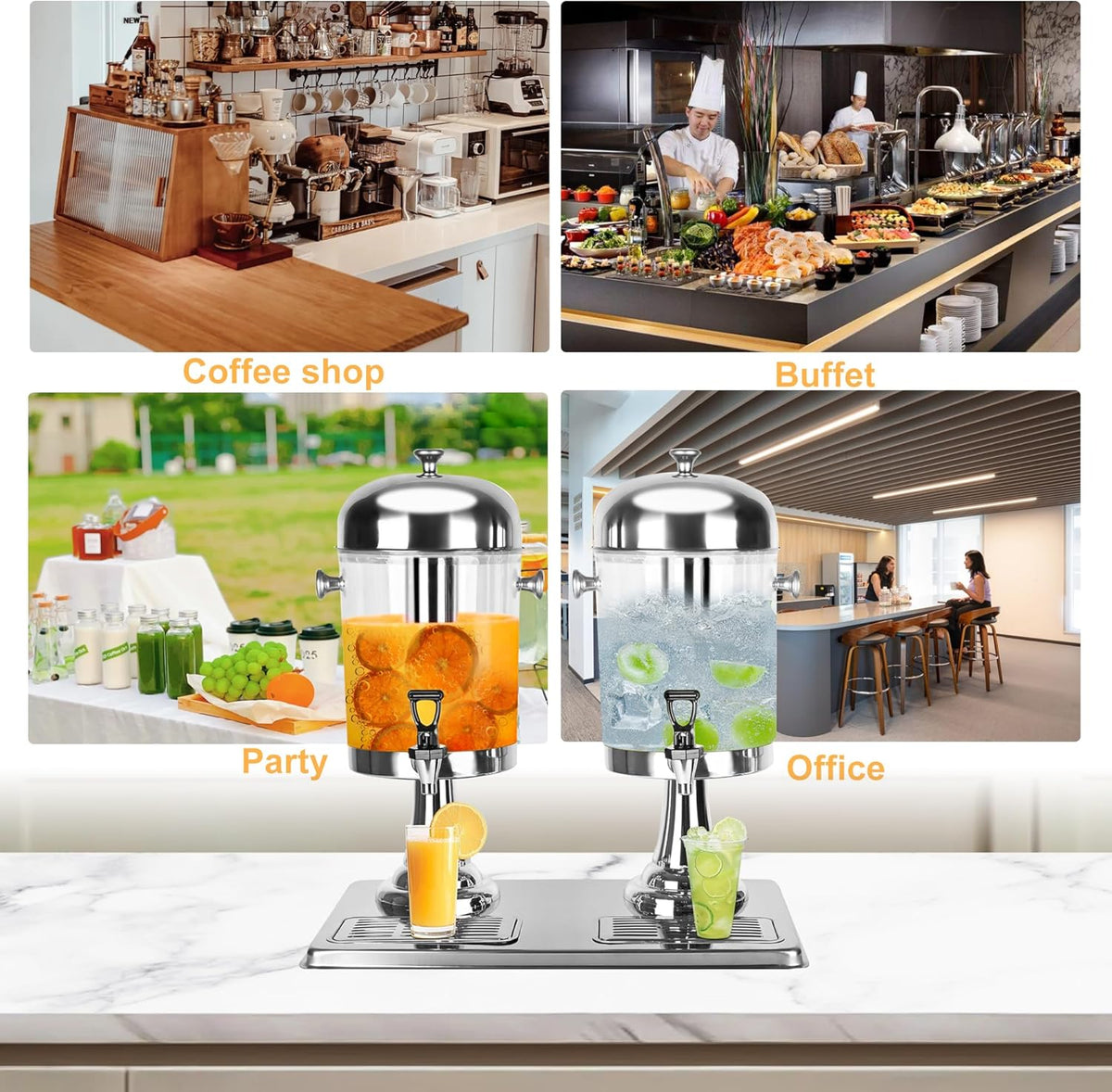 Drankdispenser, 4,4 gallon drankdispenser voor feestjes met ijskern en druppelkommen, roestvrij staal, dual catering, koude drankdispenser met standaard voor feestjes, bruiloft, hotelbuffet, banket
