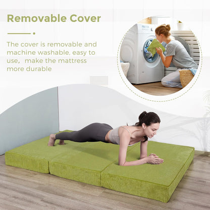 MAXYOYO Opvouwbare corduroy matras, drievoudig gevouwen vloermat, dik, met wasbare overtrek, ruimtebesparend voor gasten (olijf, 135 x 190 cm - 10 cm)
