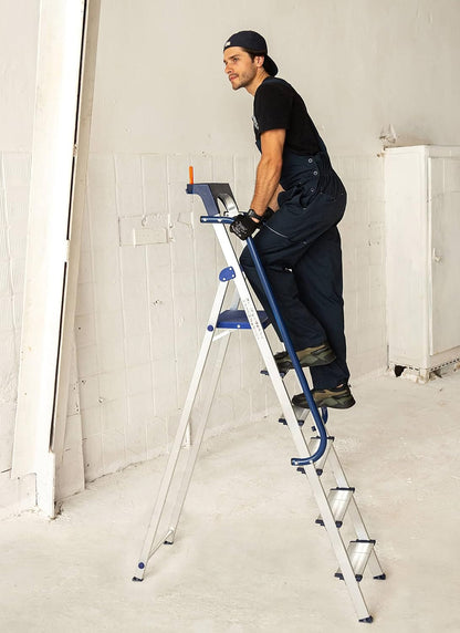 Hostrom Secure Hostrom Secure 6 treden, robuust aluminium, versterkt, leuning, afneembare gereedschapsschaal, platformhoogte 135 cm, draagkracht 150 kg