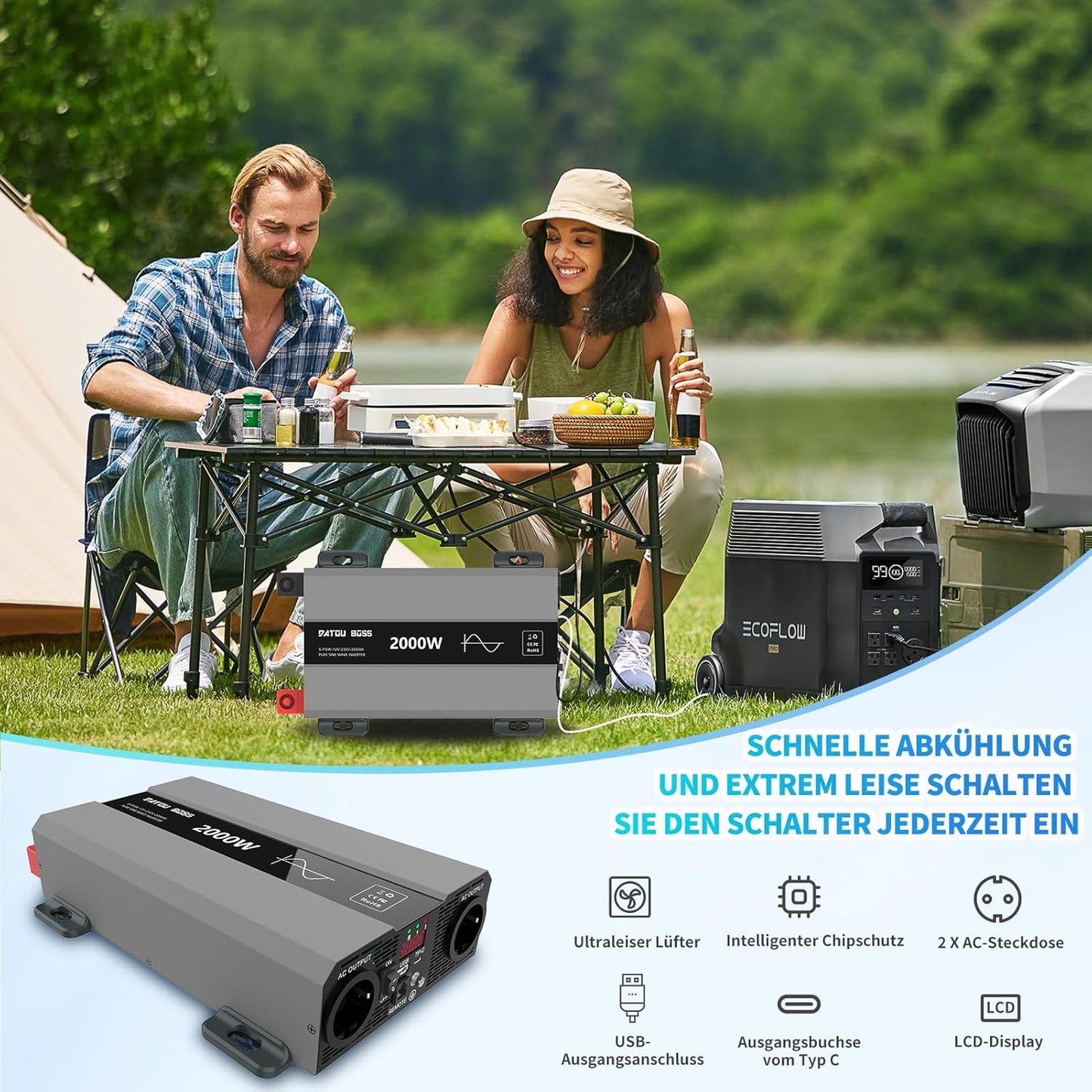 DATOUBOSS Omvormer 12V 230V 2000W Piek 4000W Zuivere Sinusgolven Omvormer, Vermogensomvormer met 2 EU Stopcontacten, USB/PD Uitgang en LCD Scherm. Geschikt voor Camper, Auto