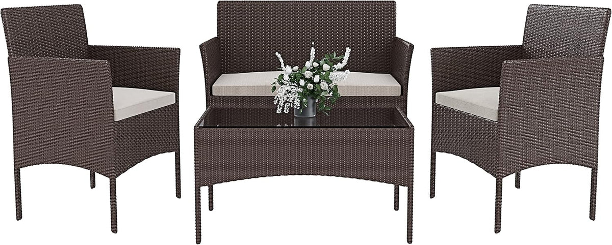 Arreditaly Tuinmeubelset, woonkamer, rotan, 4-zits met tafel en glazen rek, 2 stoelen en bank, 2-zits voor tuin, buitenzwembad, afneembare kussens (bruin)