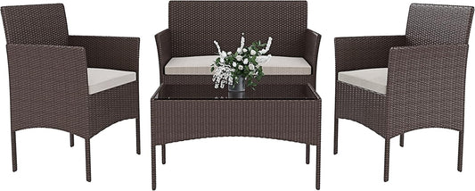 Arreditaly Tuinmeubelset, woonkamer, rotan, 4-zits met tafel en glazen rek, 2 stoelen en bank, 2-zits voor tuin, buitenzwembad, afneembare kussens (bruin)